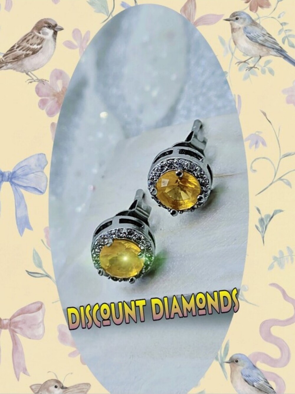 Dainty Round Yellow Sapphire & Clear White Baguette Diamond Earrings on 925